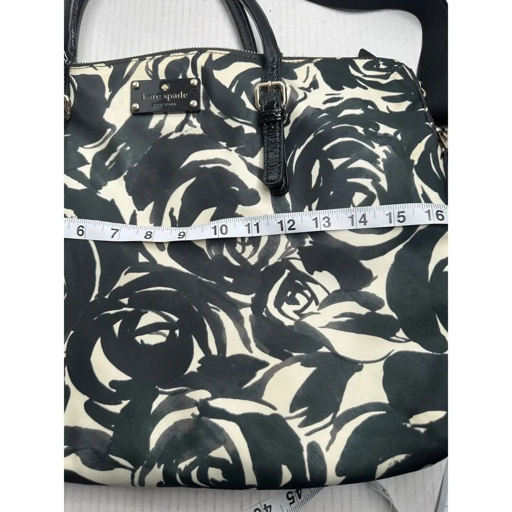 Kate Spade Black White Rose Floral Nylon Laptop Bag Crossbody Tote